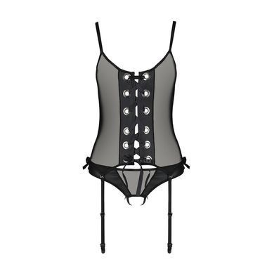 Корсет зі шнурівкою Passion NESSY CORSET L/XL black, стрінги з відкритим доступом, пажі для панчіх SO8454 фото